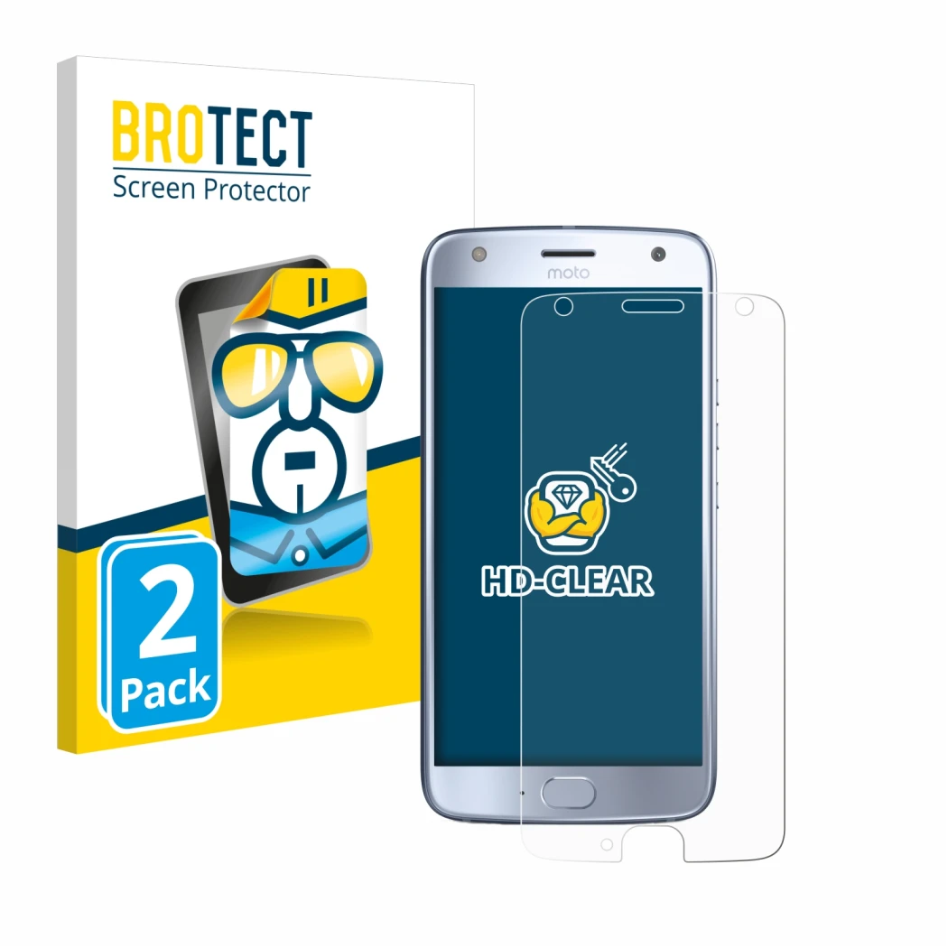 Face avant d’un emballage produit avec le logo de la marque BROTECT. À côté, l’appareil Motorola Moto X4 est représenté avec l