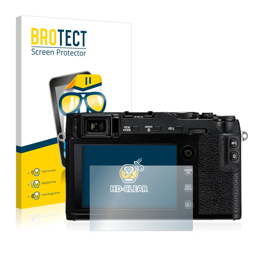 Face avant d’un emballage produit avec le logo de la marque BROTECT. À côté, l’appareil Fujifilm X-E3 est représenté avec la p