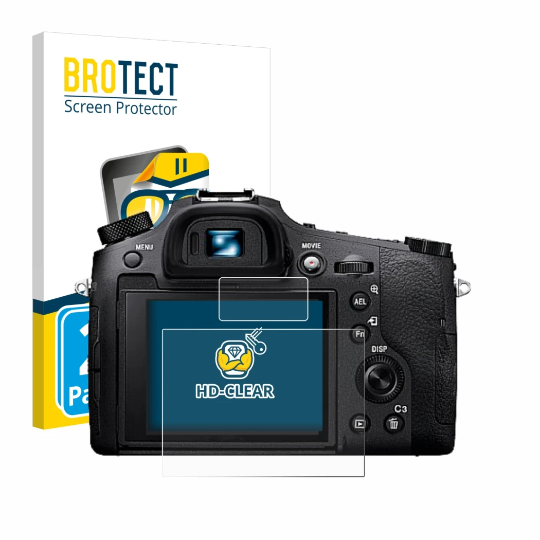 Face avant d’un emballage produit avec le logo de la marque BROTECT. À côté, l’appareil Sony Cyber-Shot DSC-RX10 IV est représ