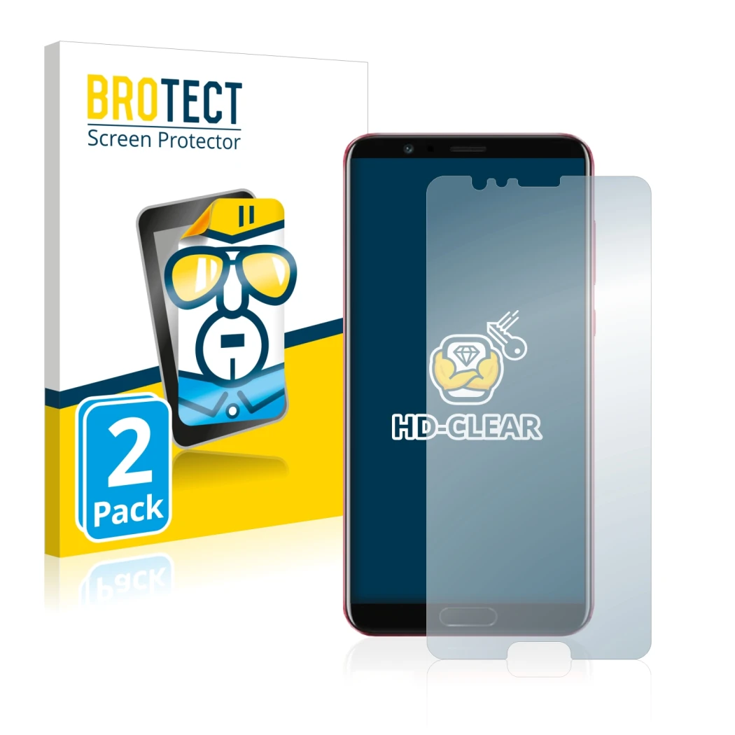 Face avant d’un emballage produit avec le logo de la marque BROTECT. À côté, l’appareil Honor View 10 est représenté avec la p
