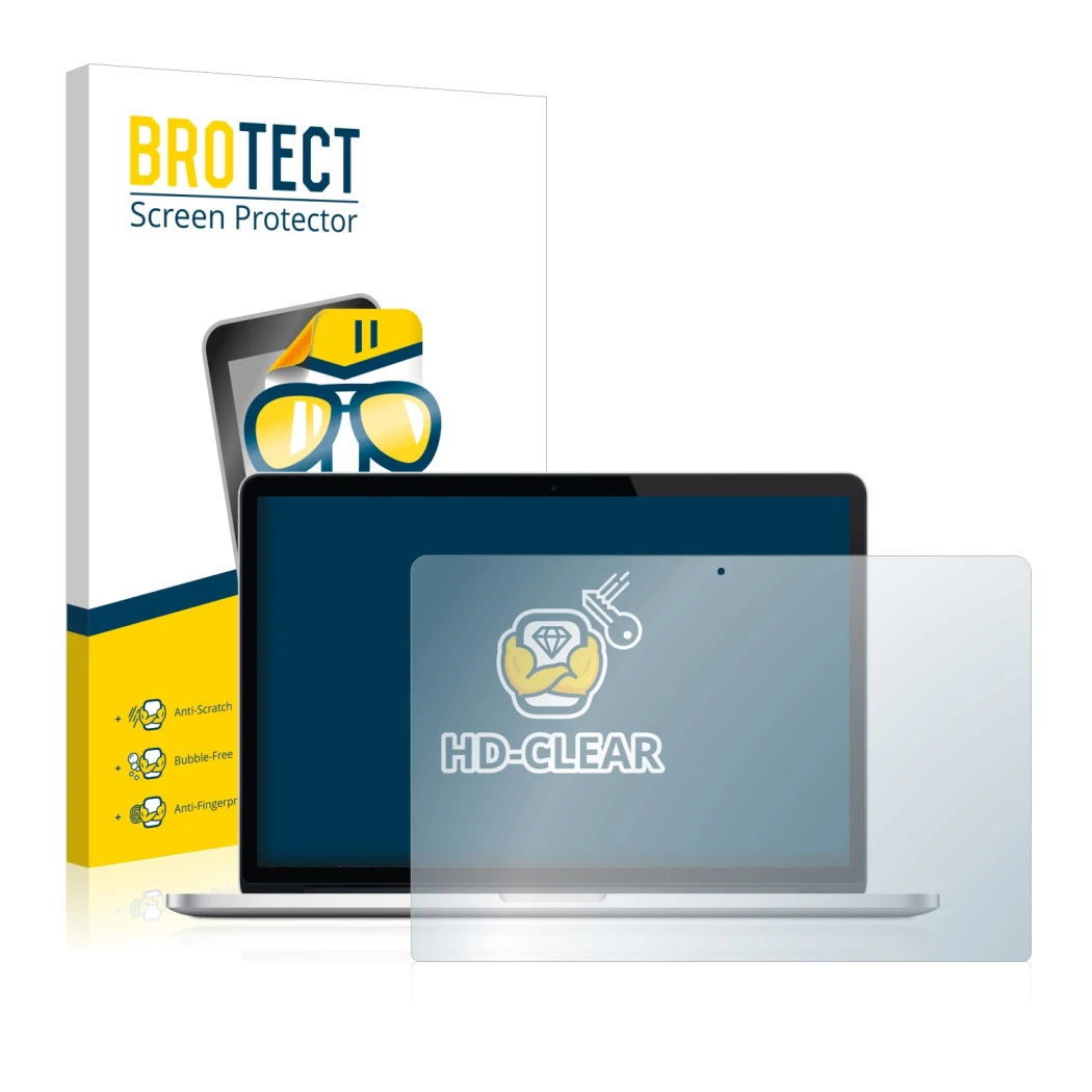 Face avant d’un emballage produit avec le logo de la marque BROTECT. À côté, l’appareil Apple MacBook Pro Retina 15