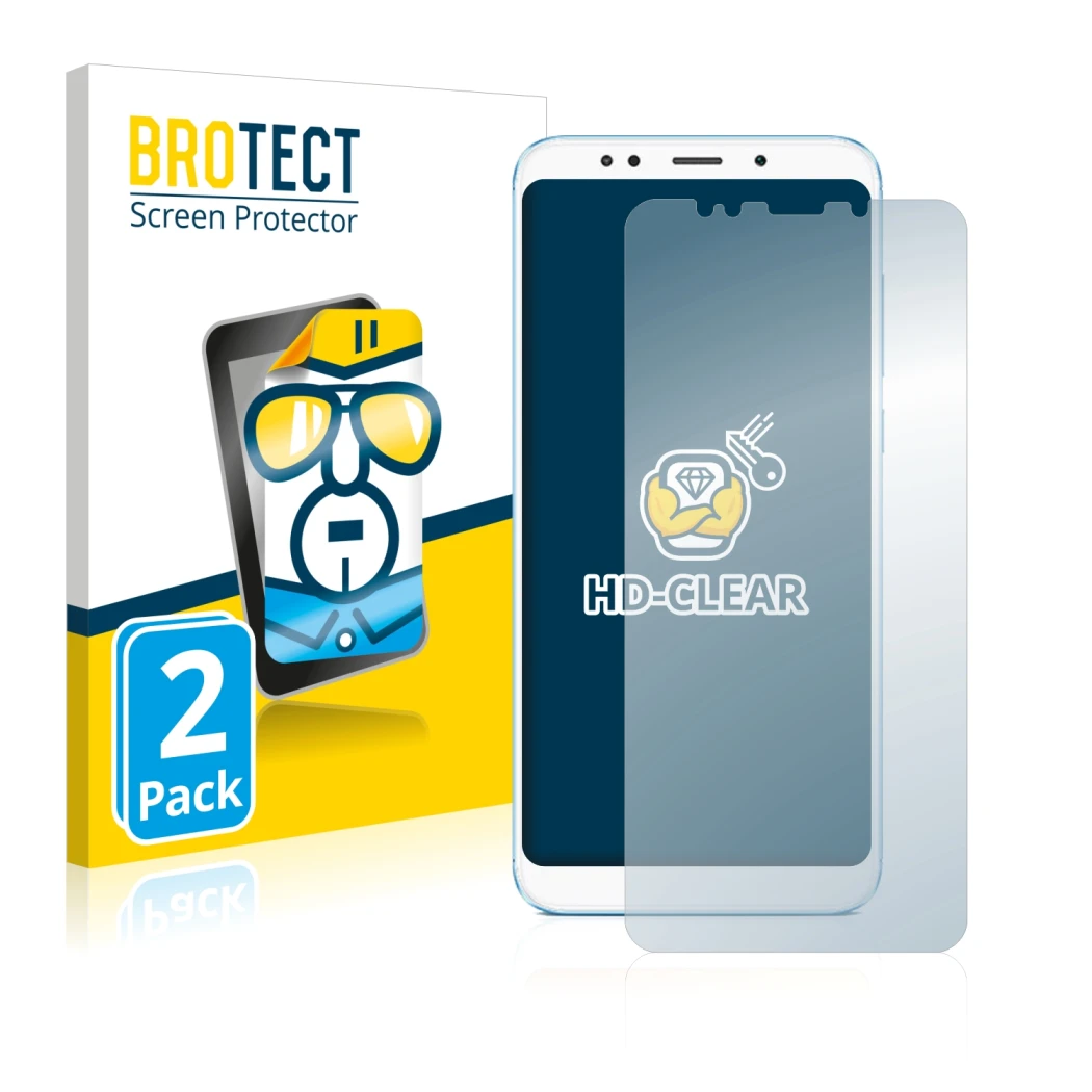 Face avant d’un emballage produit avec le logo de la marque BROTECT. À côté, l’appareil Xiaomi Redmi 5 Plus est représenté ave