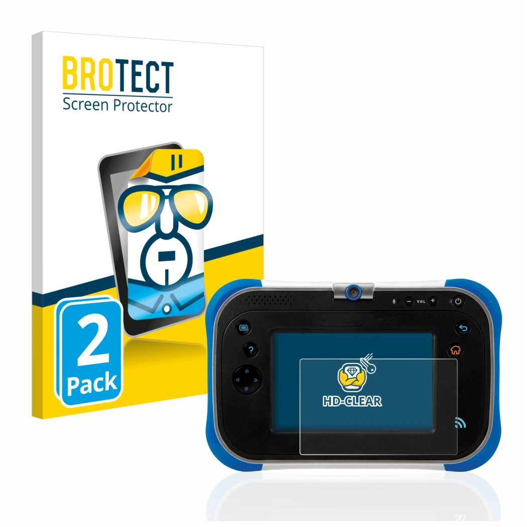 Face avant d’un emballage produit avec le logo de la marque BROTECT. À côté, l’appareil Vtech Storio Max 2.0 est représenté av