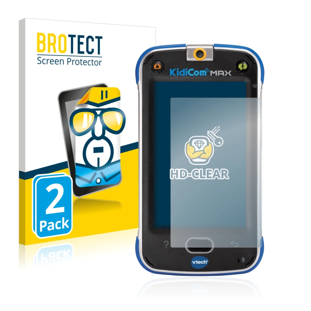 Face avant d’un emballage produit avec le logo de la marque BROTECT. À côté, l’appareil Vtech Kidicom Max est représenté avec 