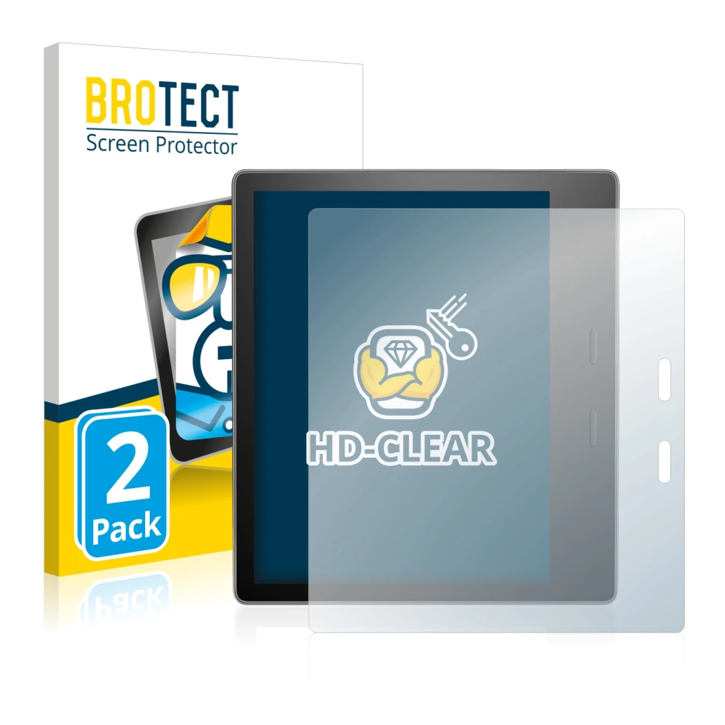 Face avant d’un emballage produit avec le logo de la marque BROTECT. À côté, l’appareil Amazon Kindle Oasis 2017 (9ème Gen.) e