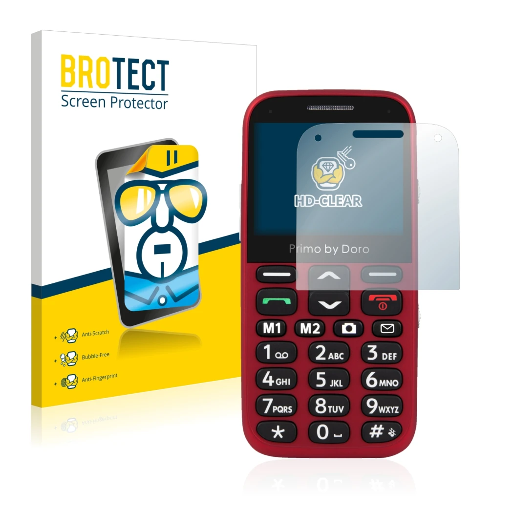 Face avant d’un emballage produit avec le logo de la marque BROTECT. À côté, l’appareil Doro Primo 366 est représenté avec la 