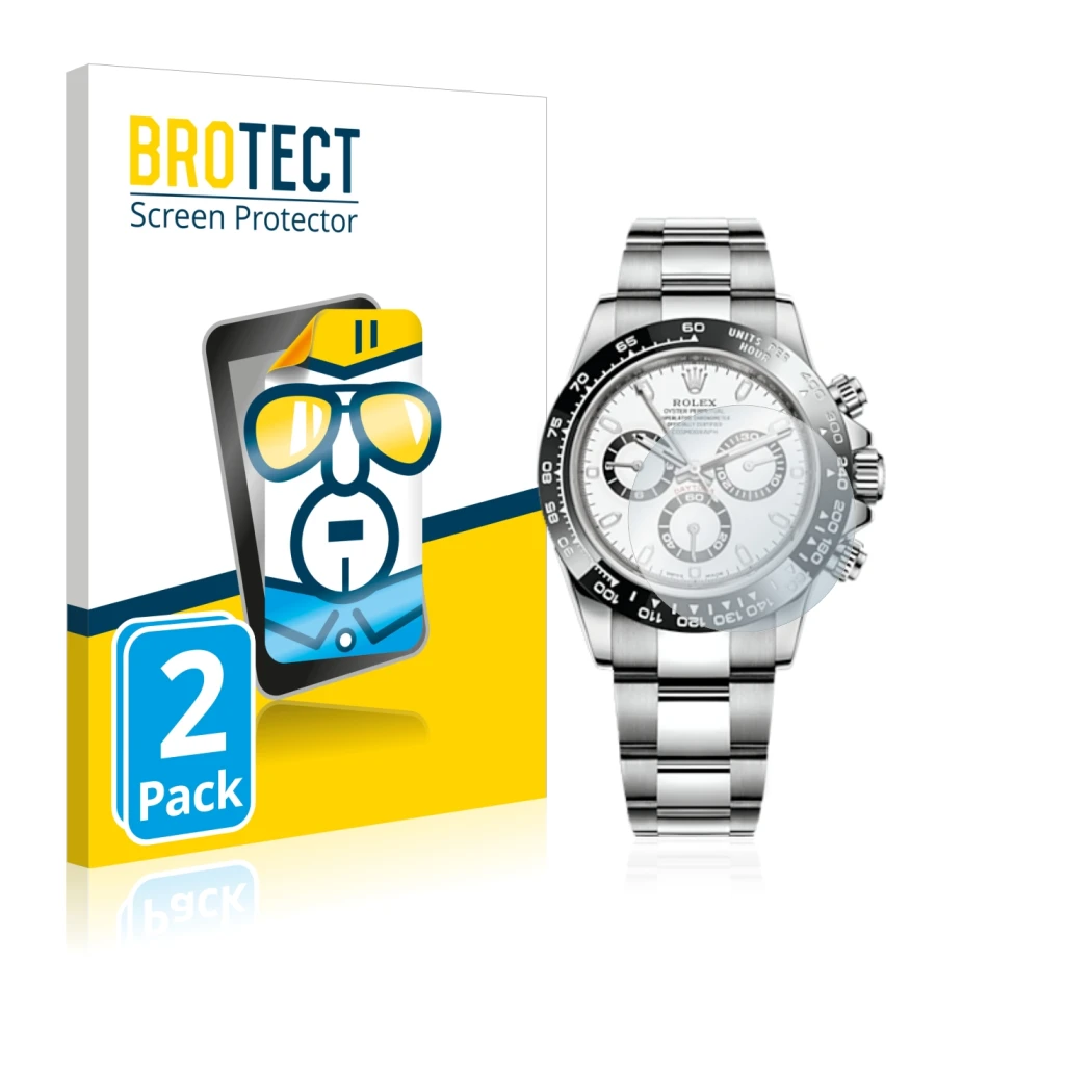 Face avant d’un emballage produit avec le logo de la marque BROTECT. À côté, l’appareil Rolex Cosmograph Daytona (40 mm) est r