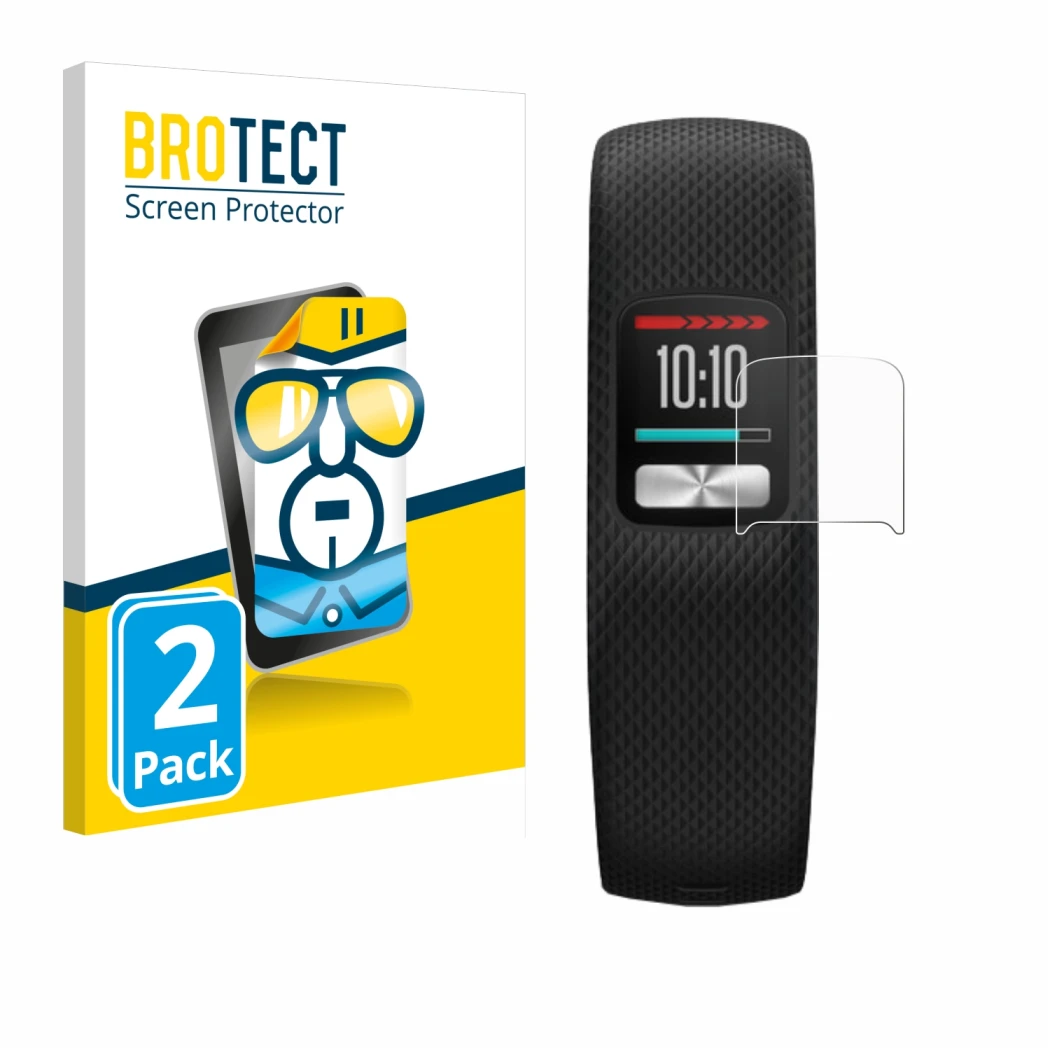Face avant d’un emballage produit avec le logo de la marque BROTECT. À côté, l’appareil Garmin Vivofit 4 est représenté avec l