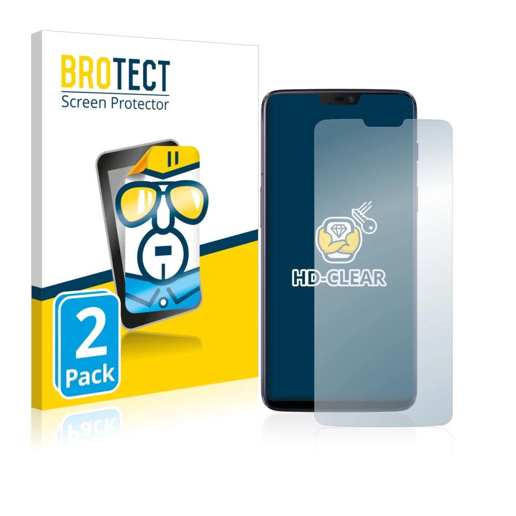Face avant d’un emballage produit avec le logo de la marque BROTECT. À côté, l’appareil OnePlus 6 est représenté avec la prote