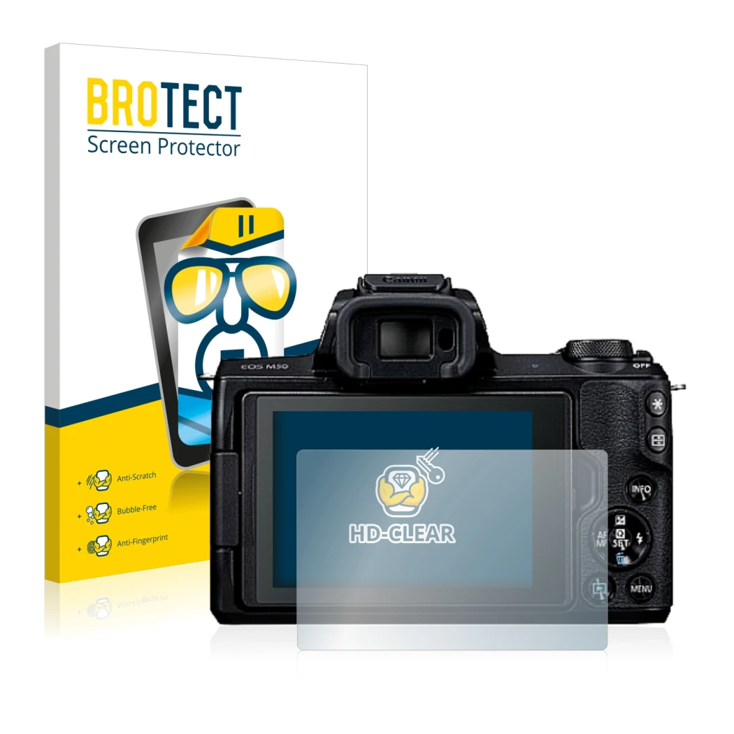 Face avant d’un emballage produit avec le logo de la marque BROTECT. À côté, l’appareil Canon EOS M50 est représenté avec la p