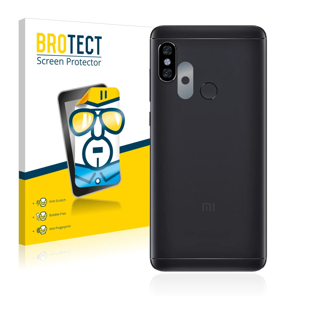 Face avant d’un emballage produit avec le logo de la marque BROTECT. À côté, l’appareil Xiaomi Redmi Note 5 (Caméra UNIQUEMENT