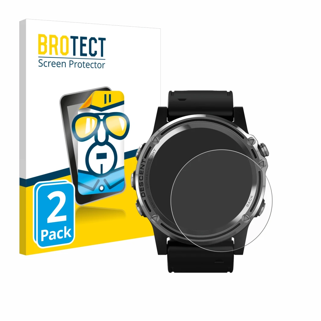 Face avant d’un emballage produit avec le logo de la marque BROTECT. À côté, l’appareil Garmin Descent Mk1 est représenté avec