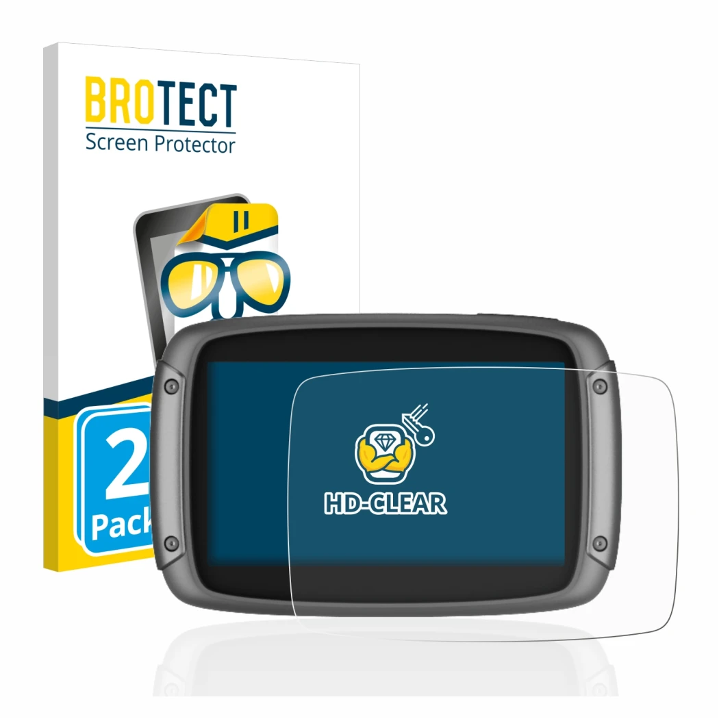 Face avant d’un emballage produit avec le logo de la marque BROTECT. À côté, l’appareil TomTom Rider 550 est représenté avec l