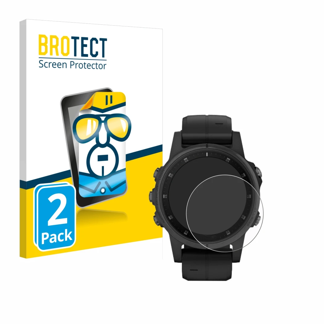 Face avant d’un emballage produit avec le logo de la marque BROTECT. À côté, l’appareil Garmin Fenix 5S Plus (42 mm) est repré