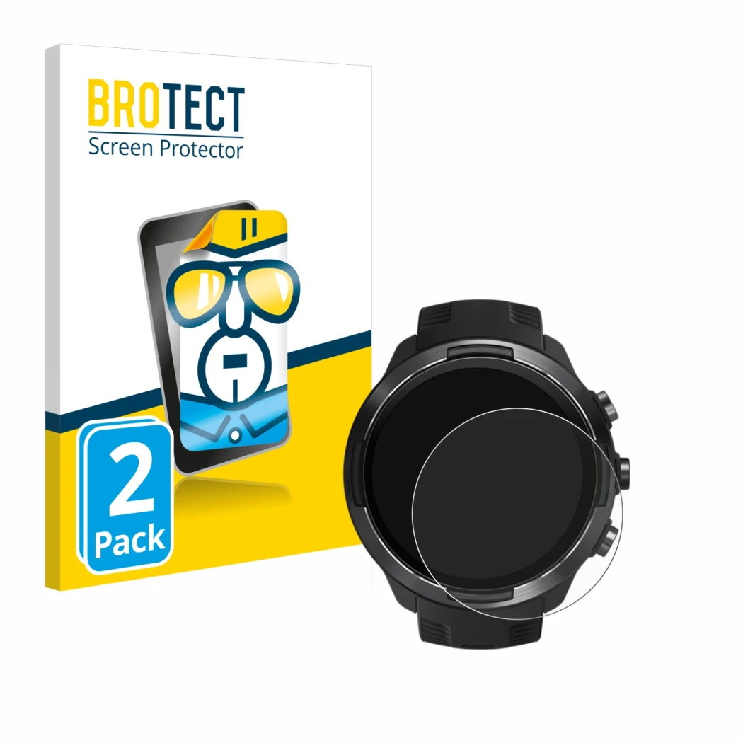 Face avant d’un emballage produit avec le logo de la marque BROTECT. À côté, l’appareil Suunto 9 est représenté avec la protec