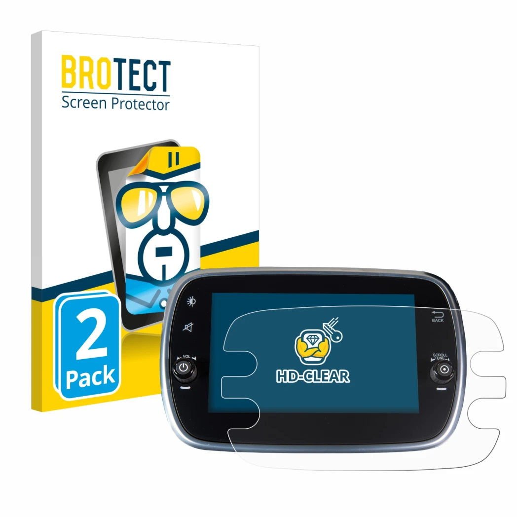 Face avant d’un emballage produit avec le logo de la marque BROTECT. À côté, l’appareil Fiat 500X 2016-2019 Uconnet 7