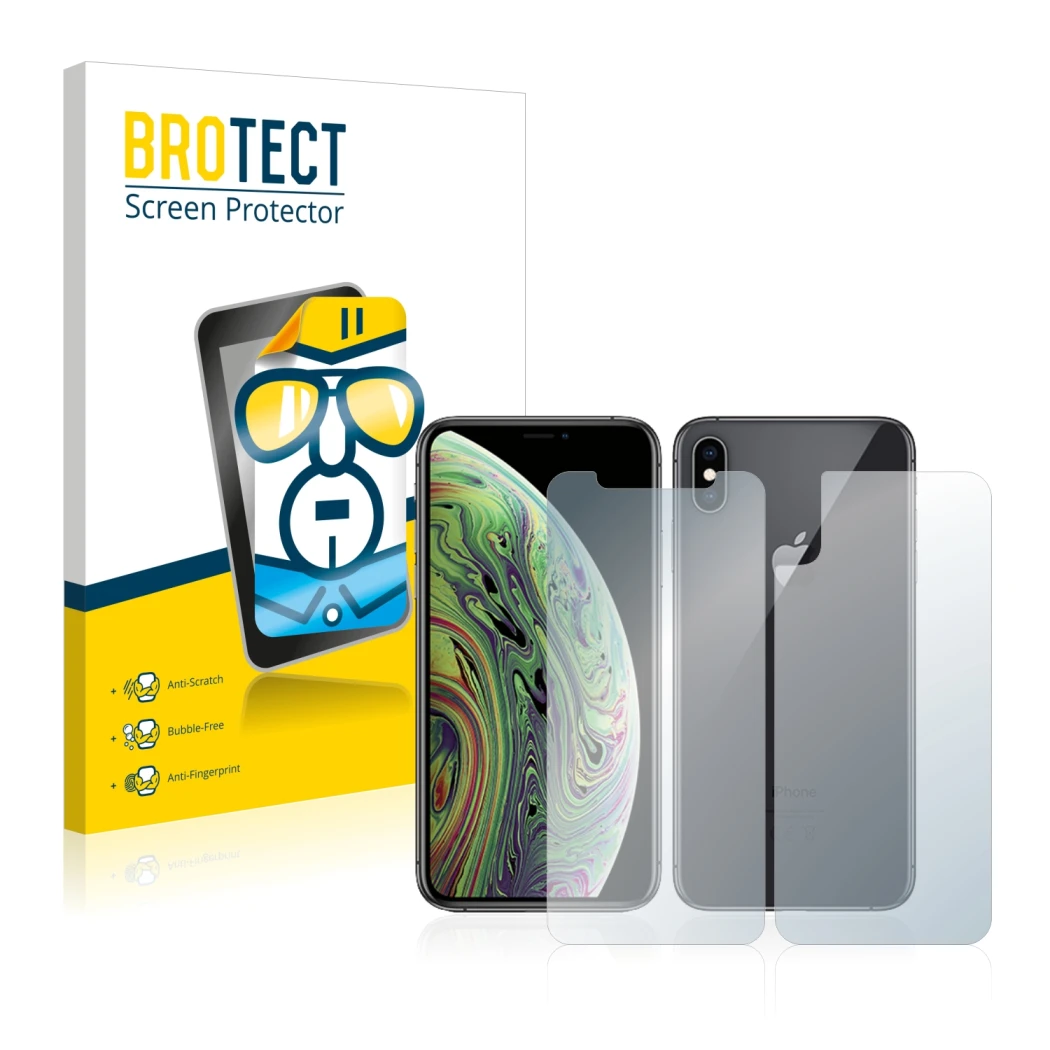 Face avant d’un emballage produit avec le logo de la marque BROTECT. À côté, l’appareil Apple iPhone Xs (Avant+Arrière) est re