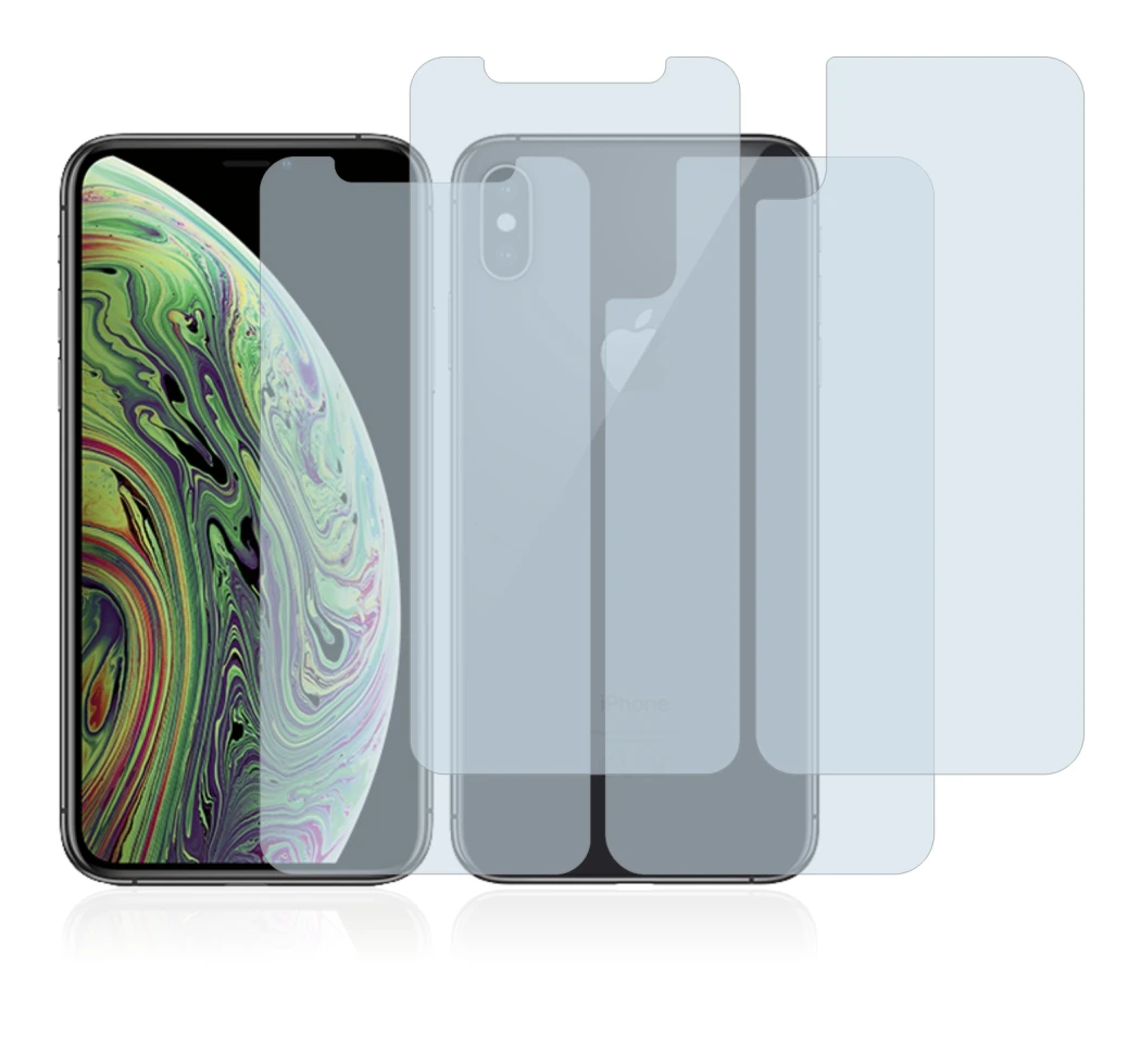 Image de l'appareil Apple iPhone Xs (Avant+Arrière) avec une grande variété de protections d'écran.