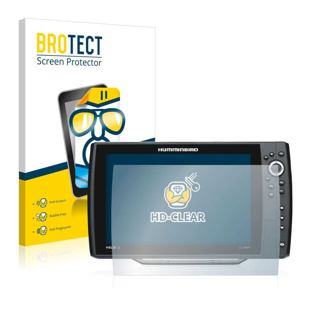 Face avant d’un emballage produit avec le logo de la marque BROTECT. À côté, l’appareil Humminbird Helix 12 est représenté ave