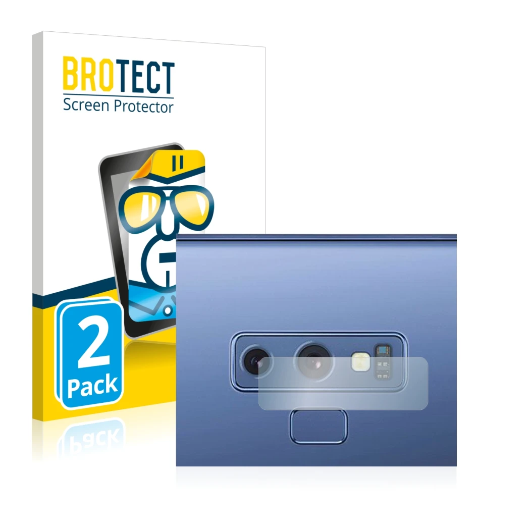 Face avant d’un emballage produit avec le logo de la marque BROTECT. À côté, l’appareil Samsung Galaxy Note 9 (Caméra UNIQUEME