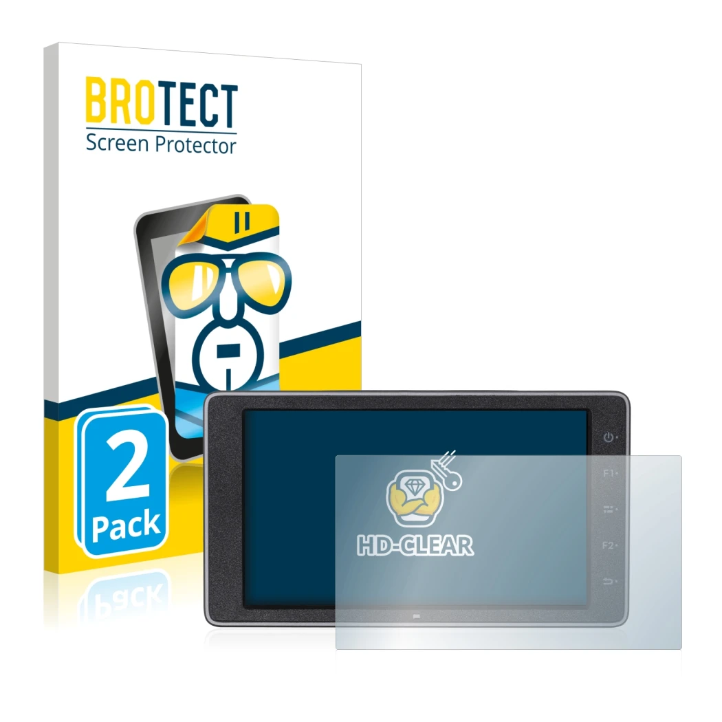 Face avant d’un emballage produit avec le logo de la marque BROTECT. À côté, l’appareil DJI Crystalsky (5.5