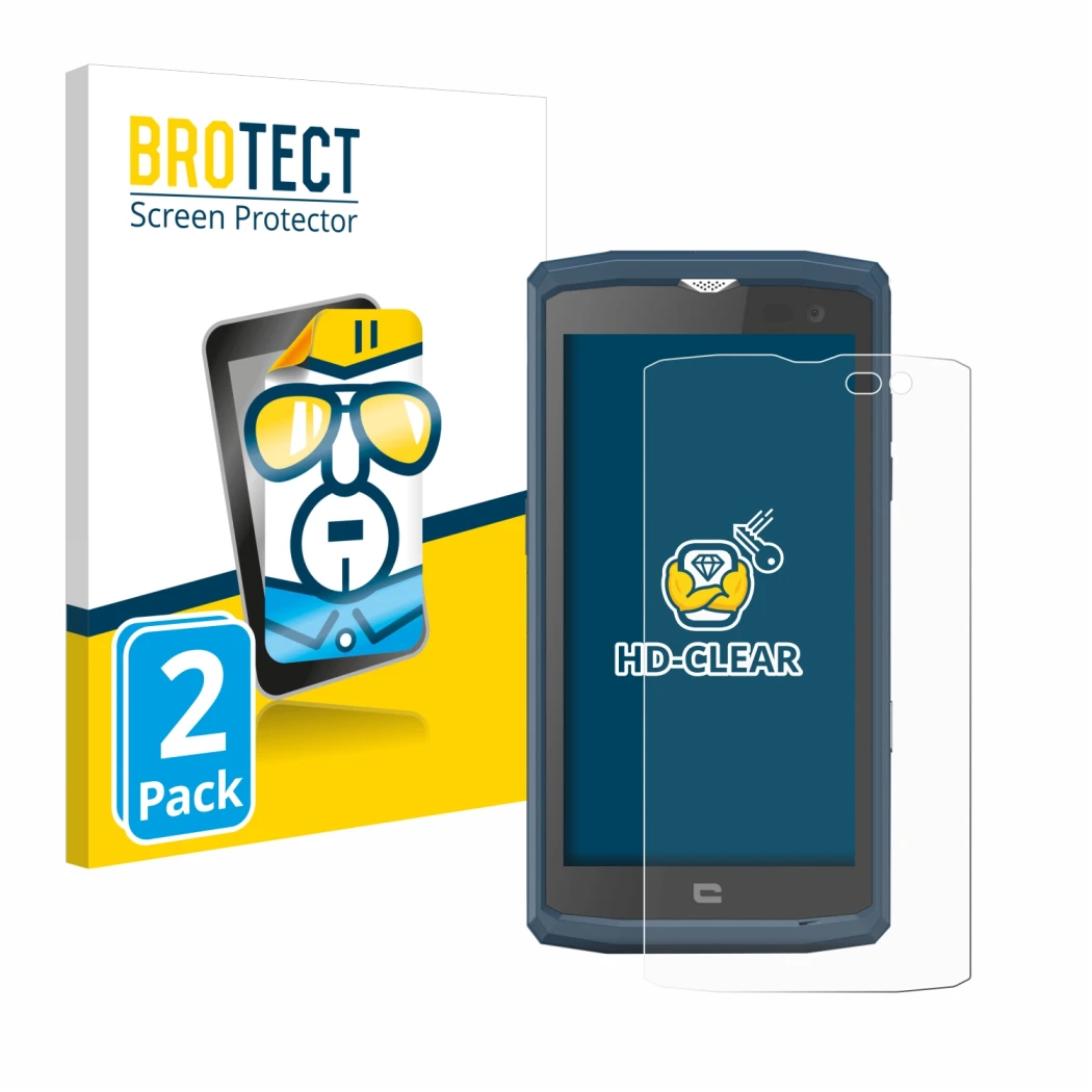 Face avant d’un emballage produit avec le logo de la marque BROTECT. À côté, l’appareil Crosscall Core X3 est représenté avec 