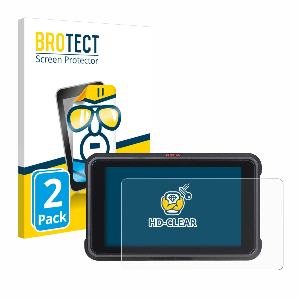 Face avant d’un emballage produit avec le logo de la marque BROTECT. À côté, l’appareil Atomos Ninja V est représenté avec la