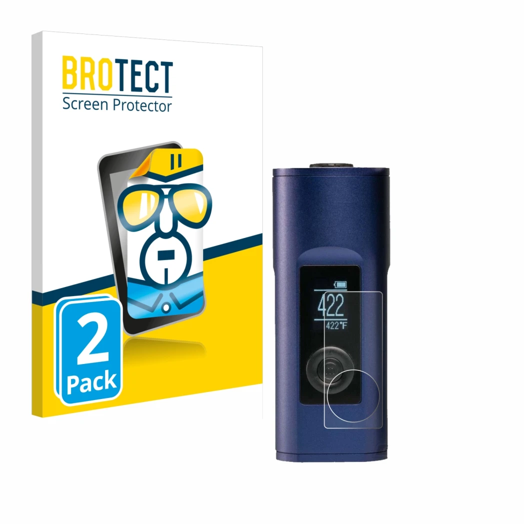 Face avant d’un emballage produit avec le logo de la marque BROTECT. À côté, l’appareil Arizer Solo 2 est représenté avec la p