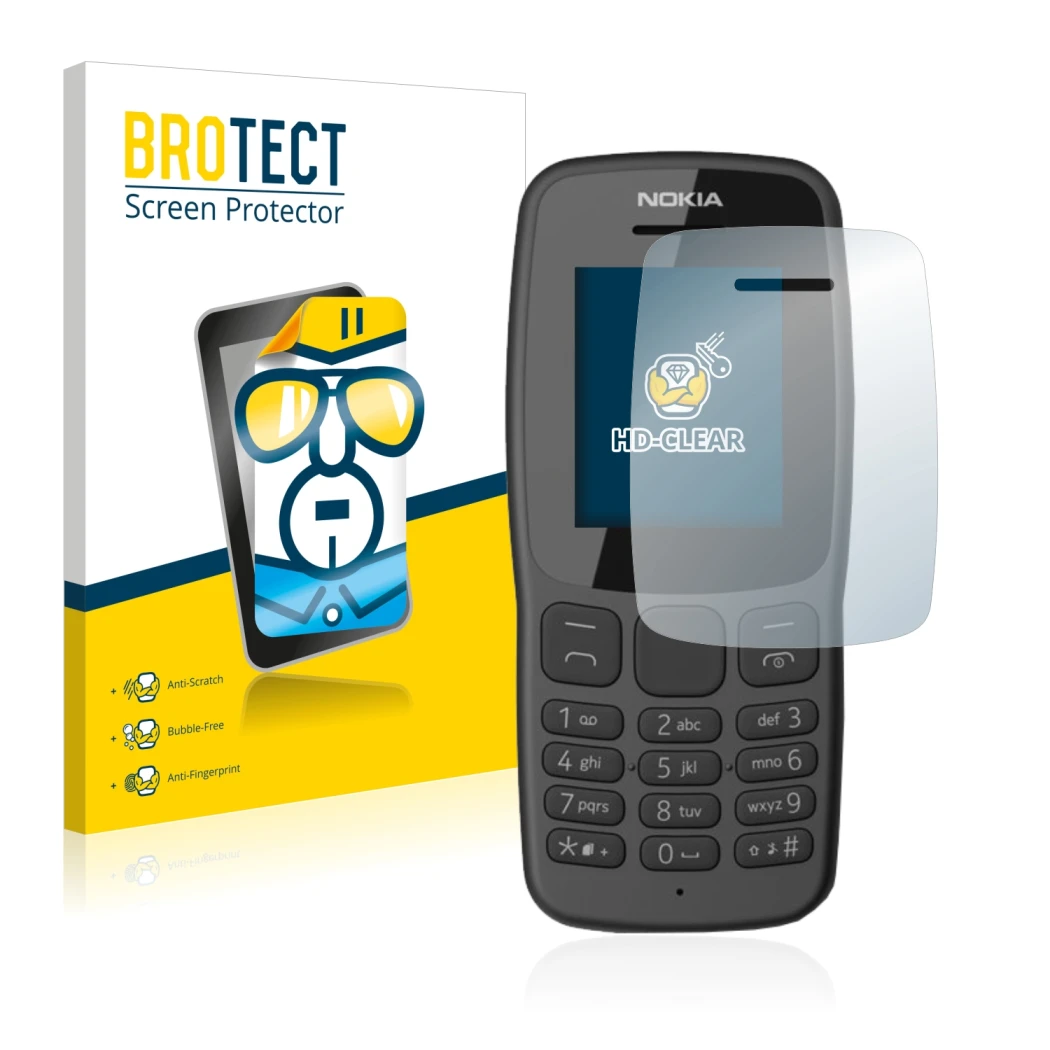 Face avant d’un emballage produit avec le logo de la marque BROTECT. À côté, l’appareil Nokia 106 2018 est représenté avec la