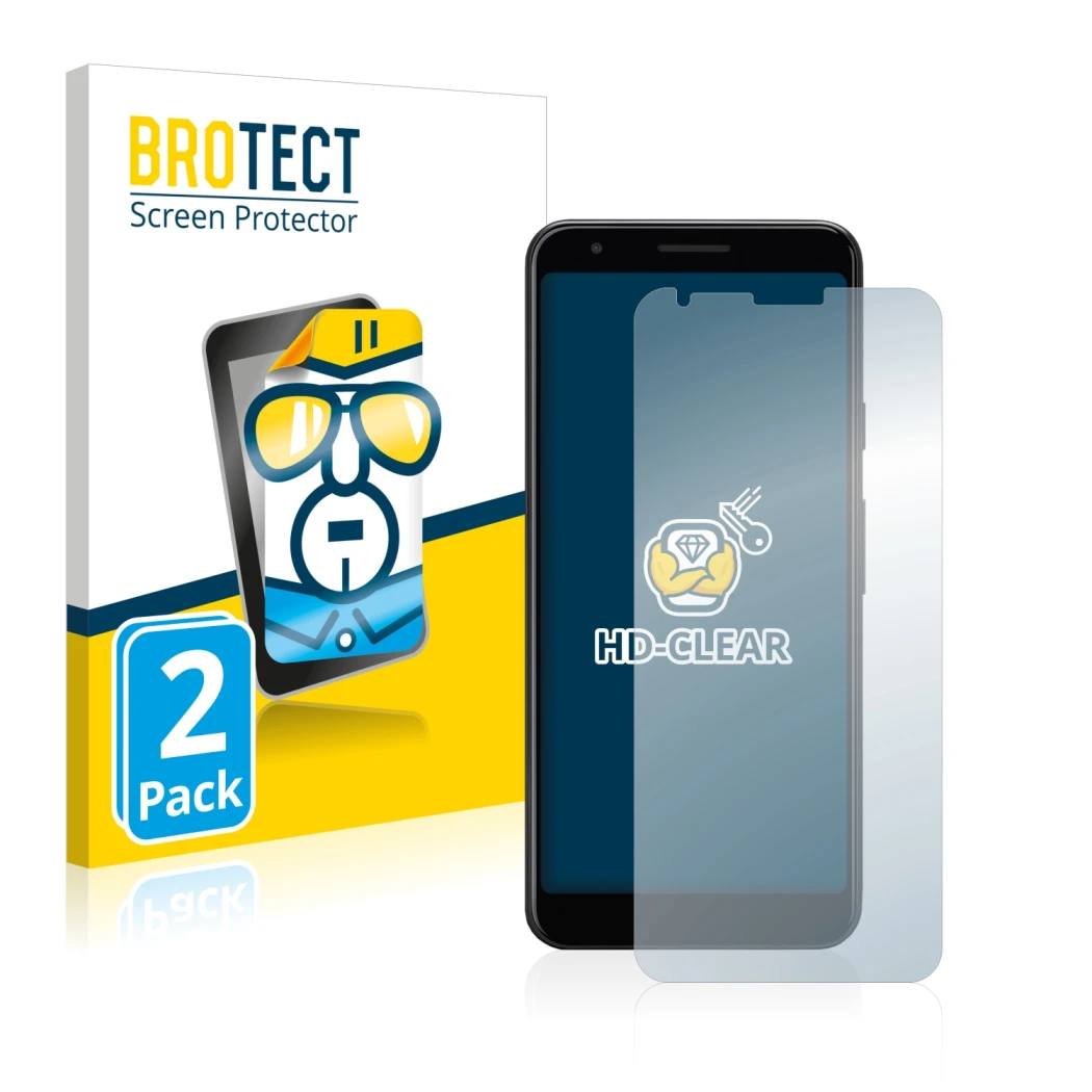 Face avant d’un emballage produit avec le logo de la marque BROTECT. À côté, l’appareil Google Pixel 3a XL est représenté avec