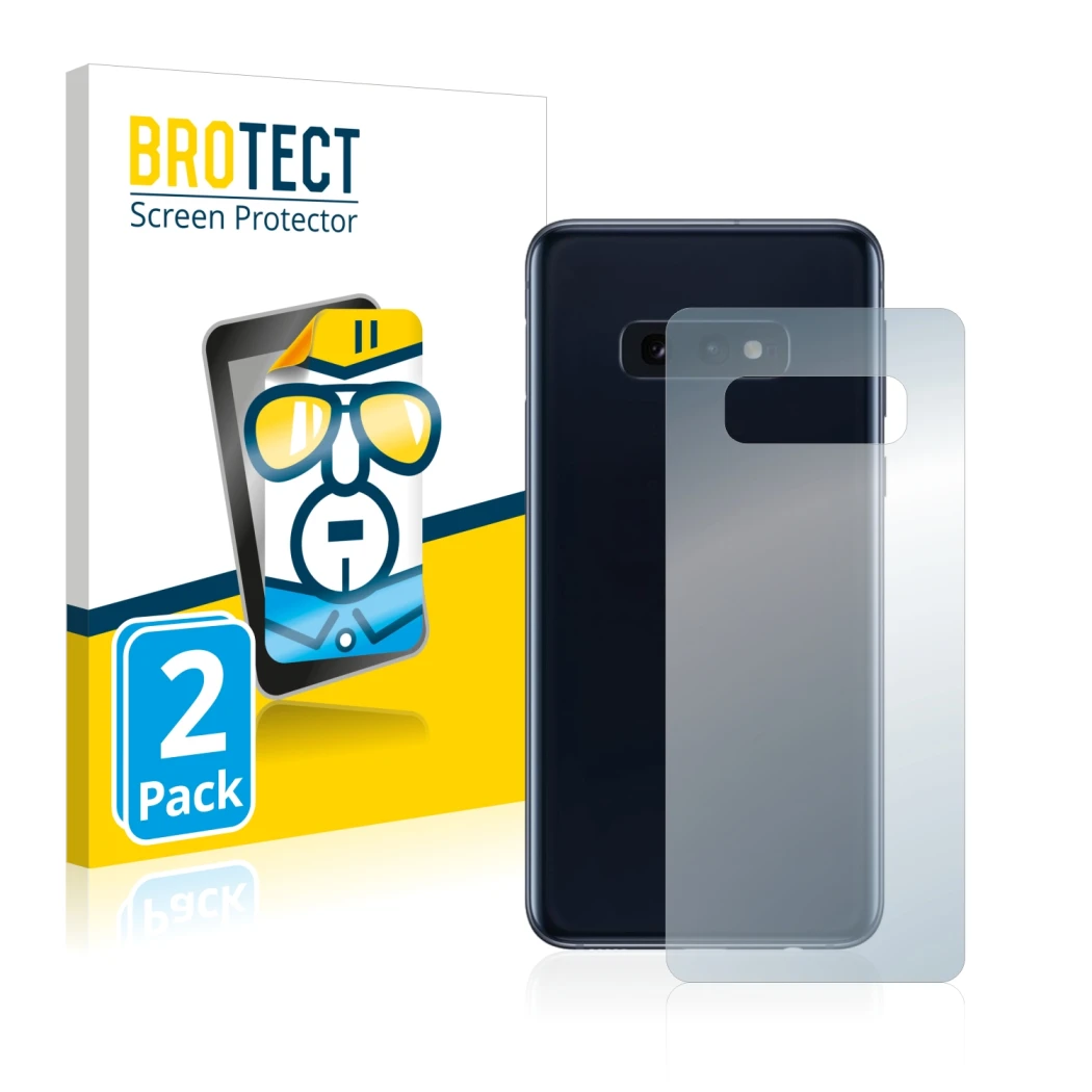 Face avant d’un emballage produit avec le logo de la marque BROTECT. À côté, l’appareil Samsung Galaxy S10e (Arrière) est repr