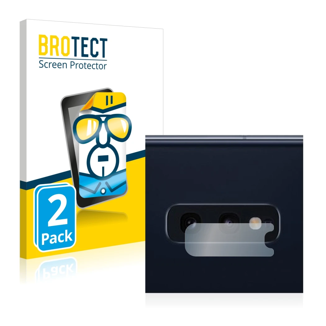 Face avant d’un emballage produit avec le logo de la marque BROTECT. À côté, l’appareil Samsung Galaxy S10e (Caméra UNIQUEMENT