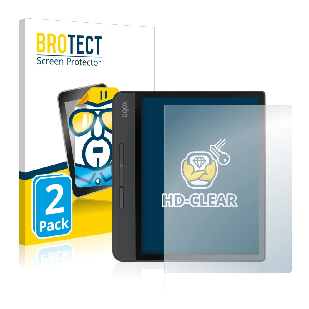 Face avant d’un emballage produit avec le logo de la marque BROTECT. À côté, l’appareil Kobo Forma est représenté avec la prot