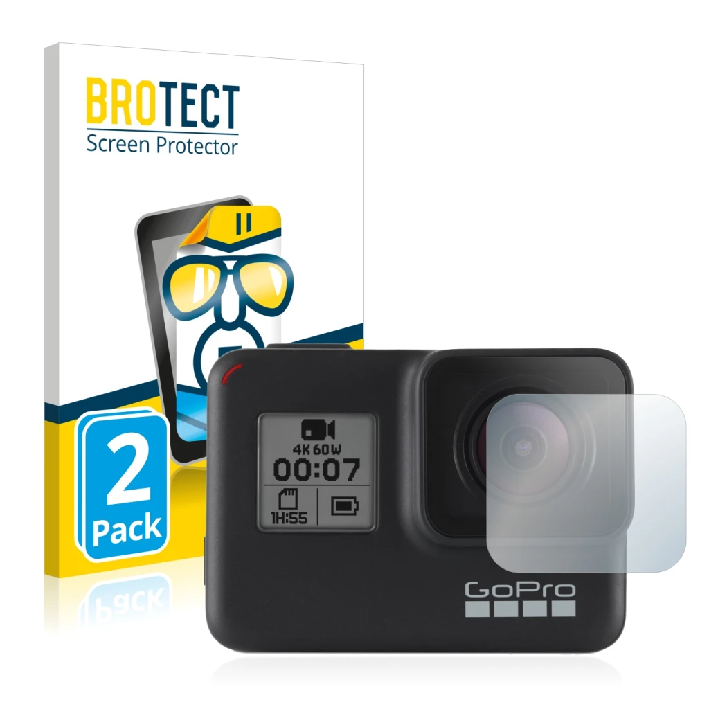 Face avant d’un emballage produit avec le logo de la marque BROTECT. À côté, l’appareil GoPro Hero 7 Black (Lentille) est repr