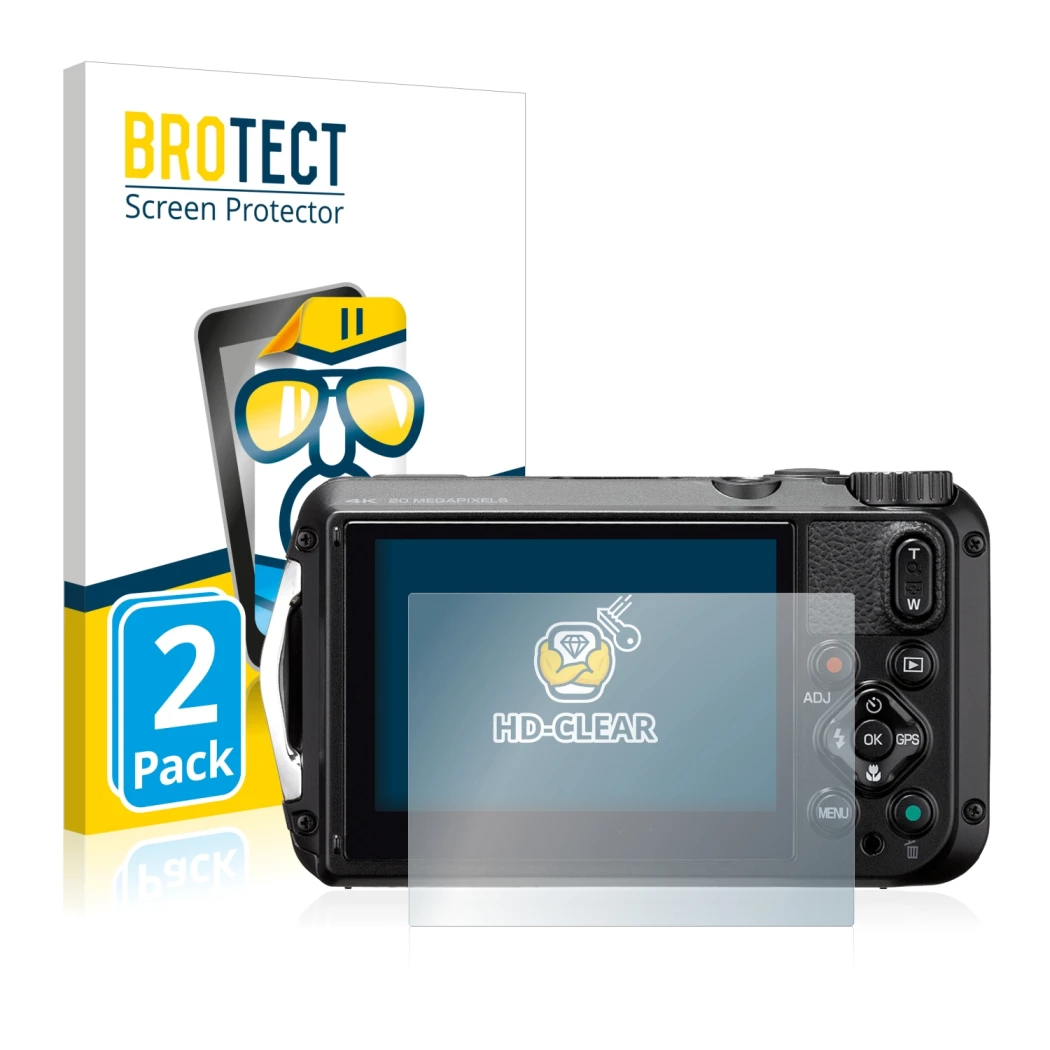Face avant d’un emballage produit avec le logo de la marque BROTECT. À côté, l’appareil Ricoh WG-6 est représenté avec la prot
