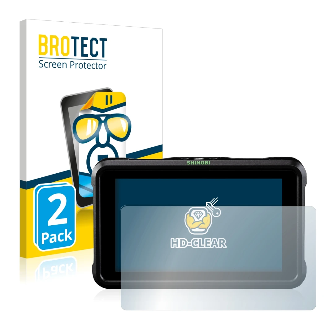 Face avant d’un emballage produit avec le logo de la marque BROTECT. À côté, l’appareil Atomos Shinobi est représenté avec la 