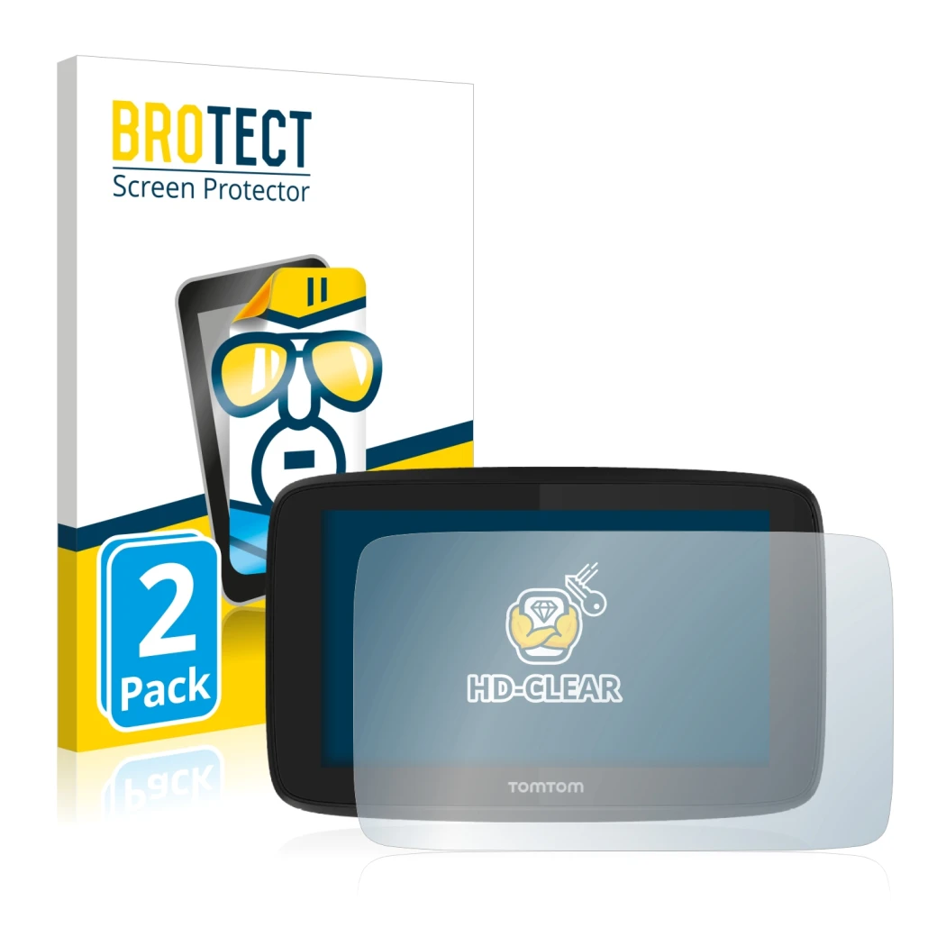 Face avant d’un emballage produit avec le logo de la marque BROTECT. À côté, l’appareil TomTom GO Essential (5