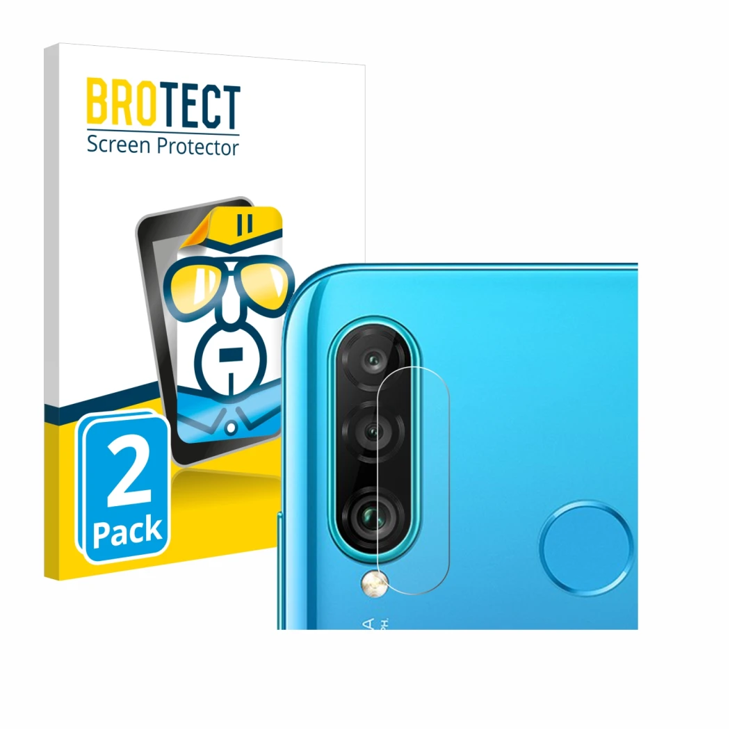 Face avant d’un emballage produit avec le logo de la marque BROTECT. À côté, l’appareil Huawei P30 lite (Caméra UNIQUEMENT) es
