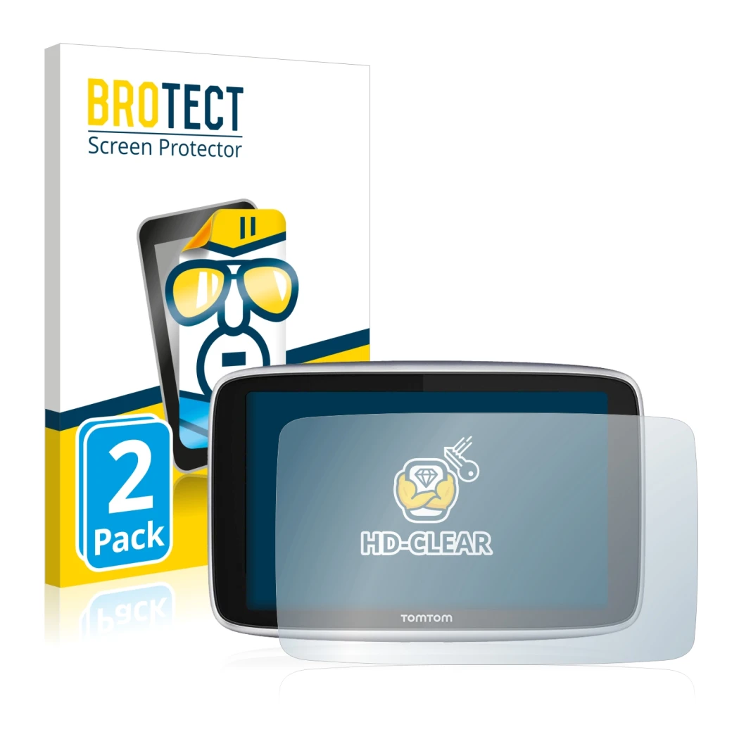 Face avant d’un emballage produit avec le logo de la marque BROTECT. À côté, l’appareil TomTom GO Premium (5