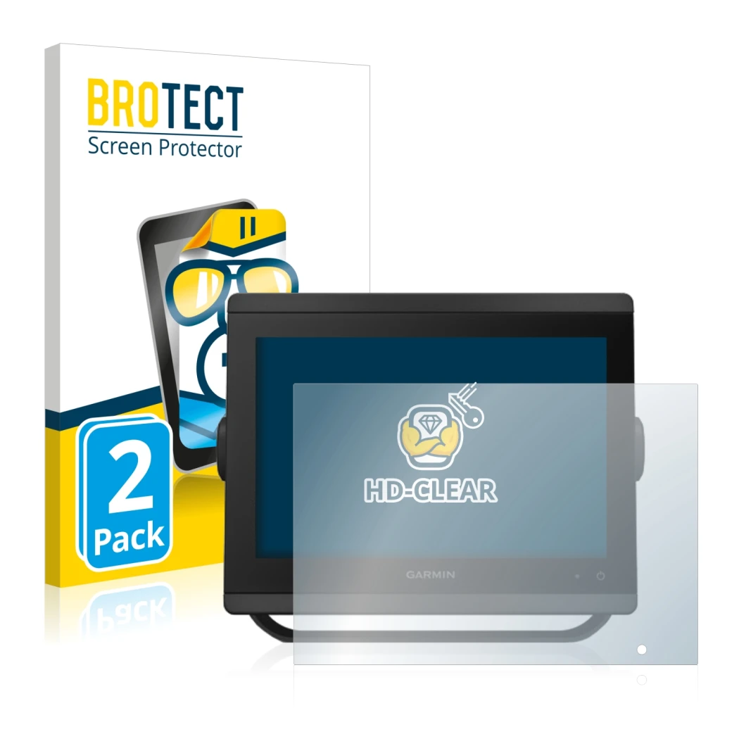 Face avant d’un emballage produit avec le logo de la marque BROTECT. À côté, l’appareil Garmin GPSMAP 8410xsv est représenté a