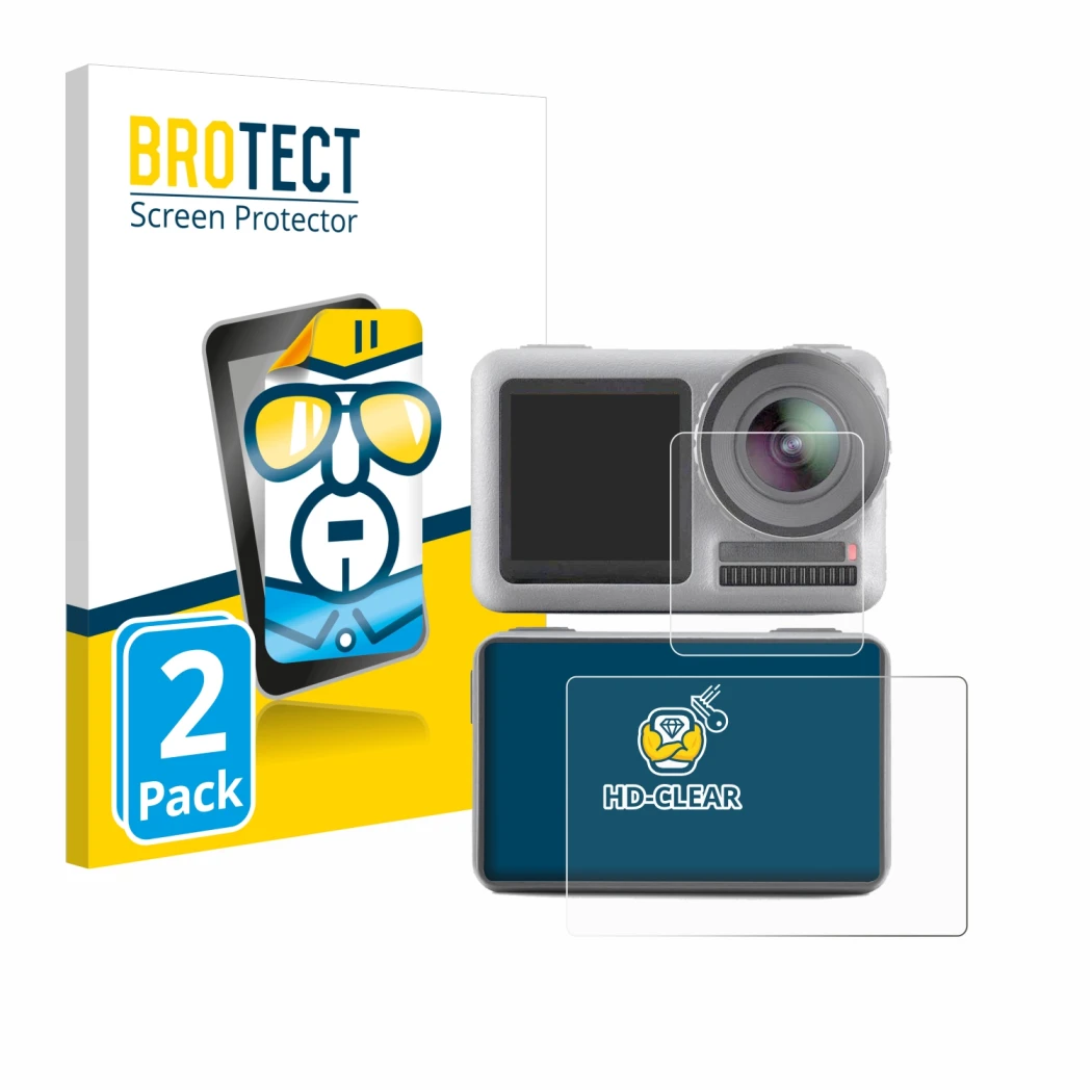 Face avant d’un emballage produit avec le logo de la marque BROTECT. À côté, l’appareil DJI Osmo Action est représenté avec la