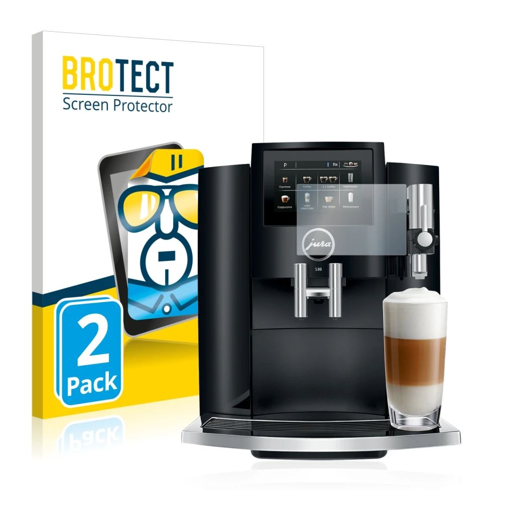 Face avant d’un emballage produit avec le logo de la marque BROTECT. À côté, l’appareil Jura S8 est représenté avec la protect