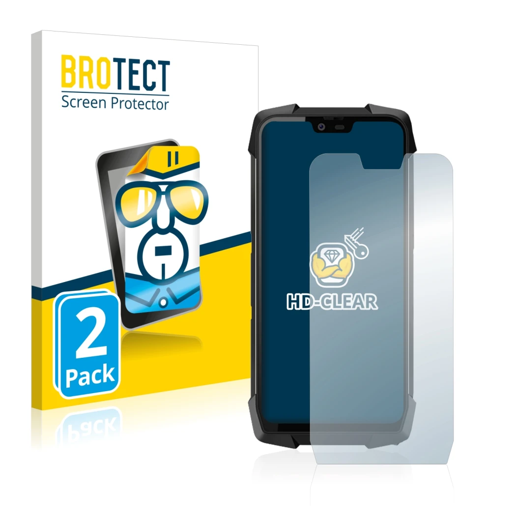 Face avant d’un emballage produit avec le logo de la marque BROTECT. À côté, l’appareil Blackview BV9700 Pro est représenté av