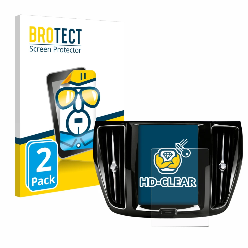 Face avant d’un emballage produit avec le logo de la marque BROTECT. À côté, l’appareil Volvo V60 Sensus Connect 2019-2020 est