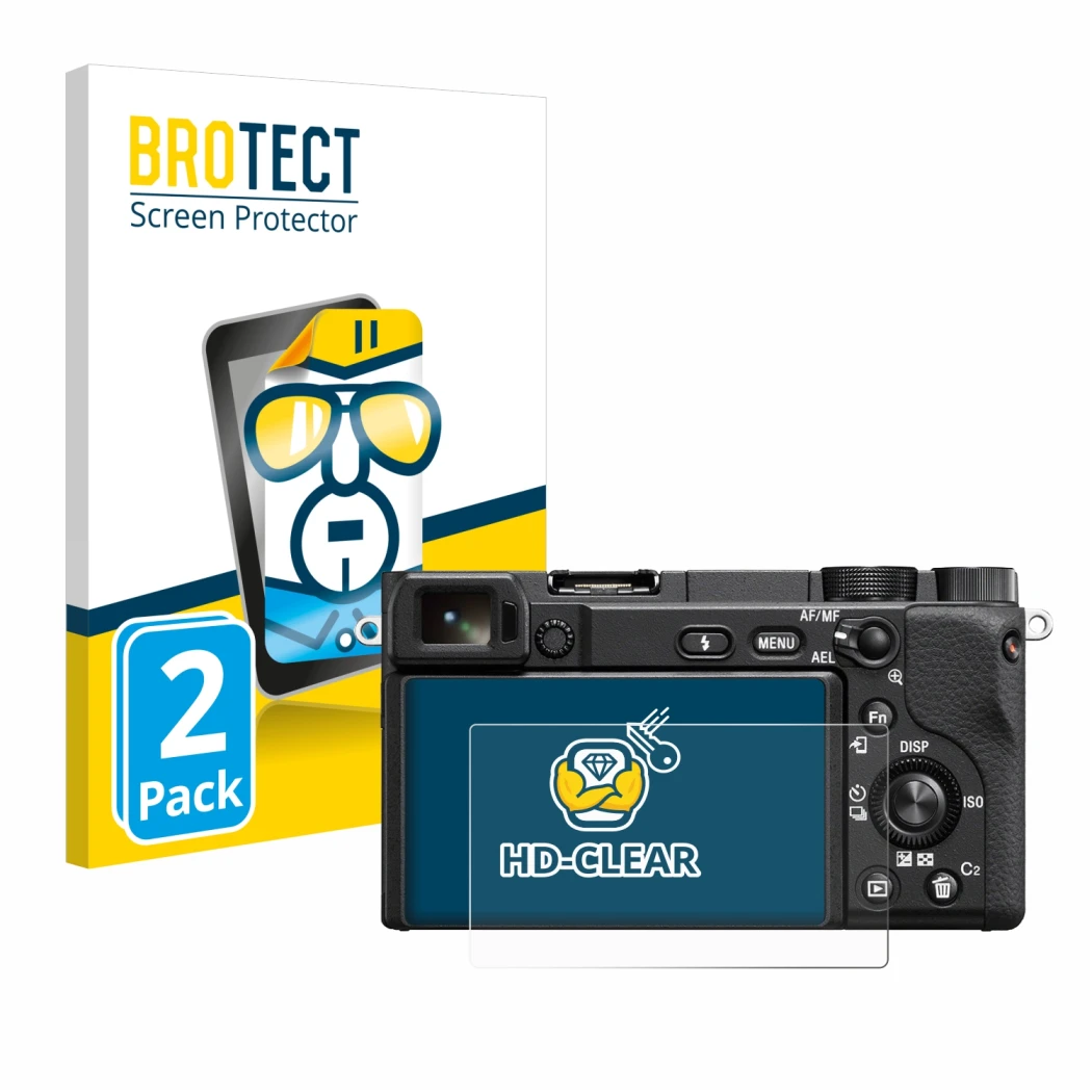 Face avant d’un emballage produit avec le logo de la marque BROTECT. À côté, l’appareil Sony Alpha 6100 est représenté avec la
