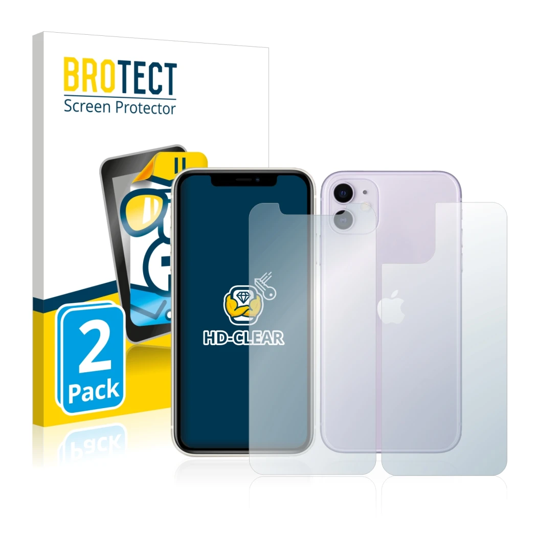 Face avant d’un emballage produit avec le logo de la marque BROTECT. À côté, l’appareil Apple iPhone 11 (Avant+Arrière) est re