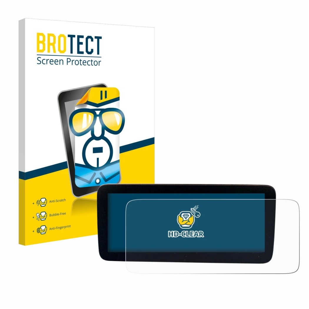 Face avant d’un emballage produit avec le logo de la marque BROTECT. À côté, l’appareil Mercedes-Benz Actros 2019 Cockpit 12