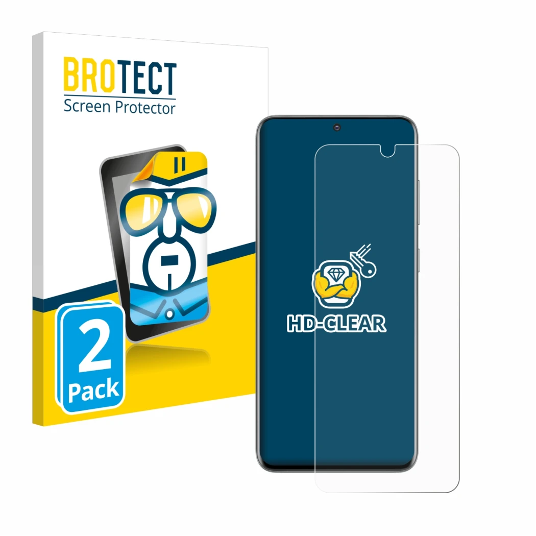Face avant d’un emballage produit avec le logo de la marque BROTECT. À côté, l’appareil Samsung Galaxy S20 est représenté avec
