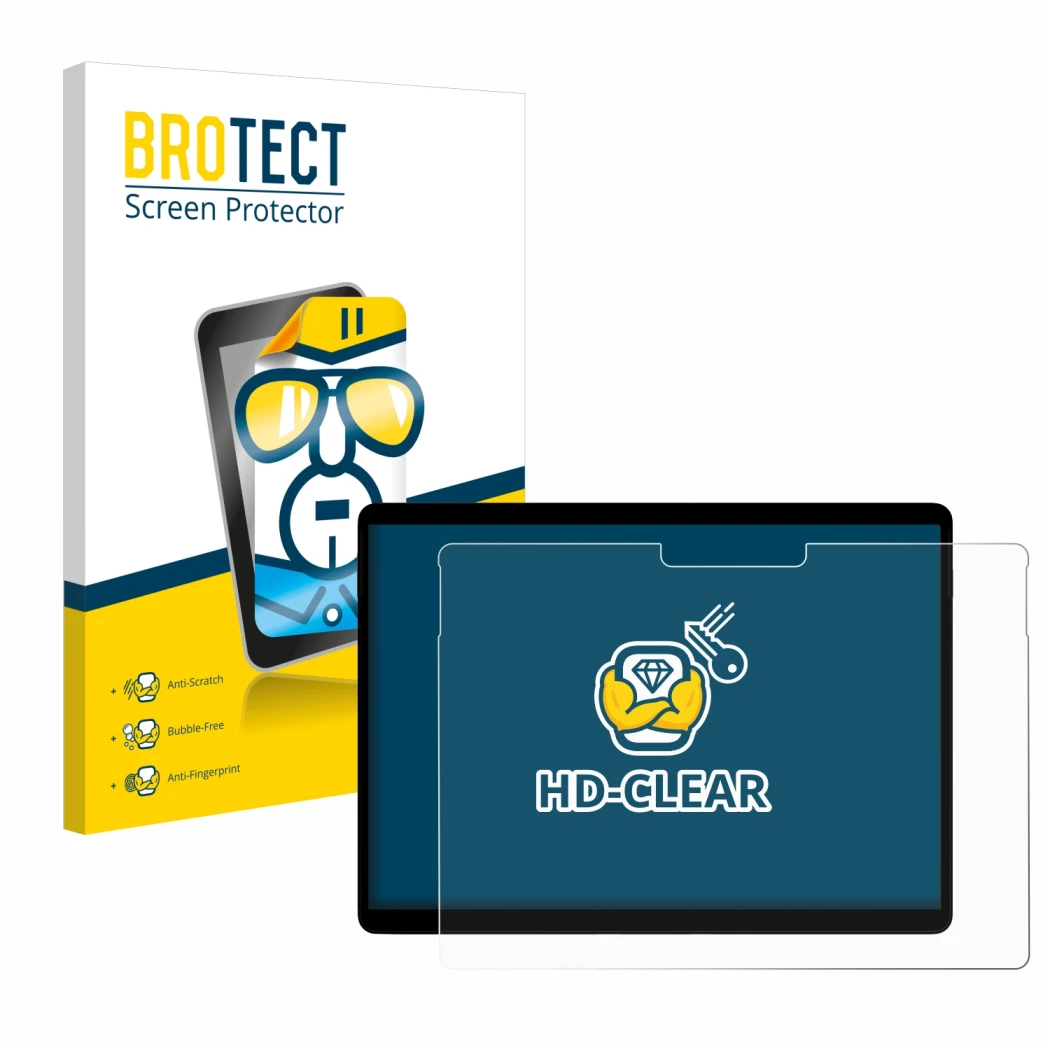 Face avant d’un emballage produit avec le logo de la marque BROTECT. À côté, l’appareil Microsoft Surface Pro X est représenté