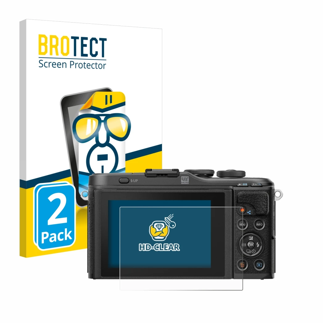 Face avant d’un emballage produit avec le logo de la marque BROTECT. À côté, l’appareil Olympus PEN E-PL10 est représenté avec